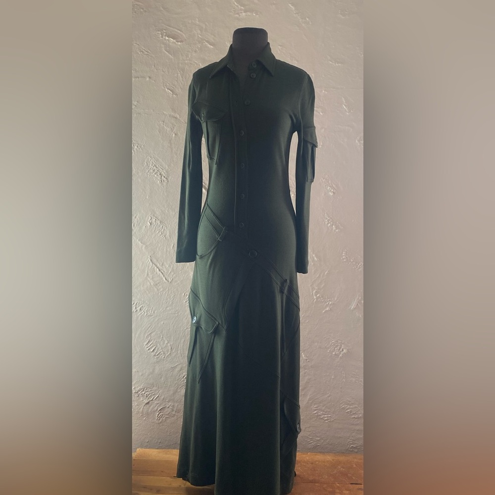 Vintage 90s Moschino Cheap and Chic Green Wool Cargo Utility Maxi Dress - Picture 2 of 16